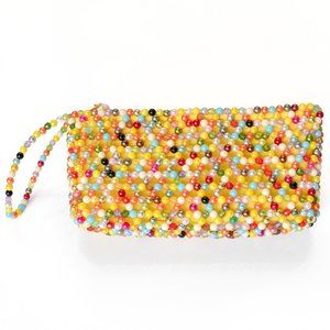 Vintage Beaded Coin Purse | Colourful Beaded Makeup Bag w/ Handle 1970s